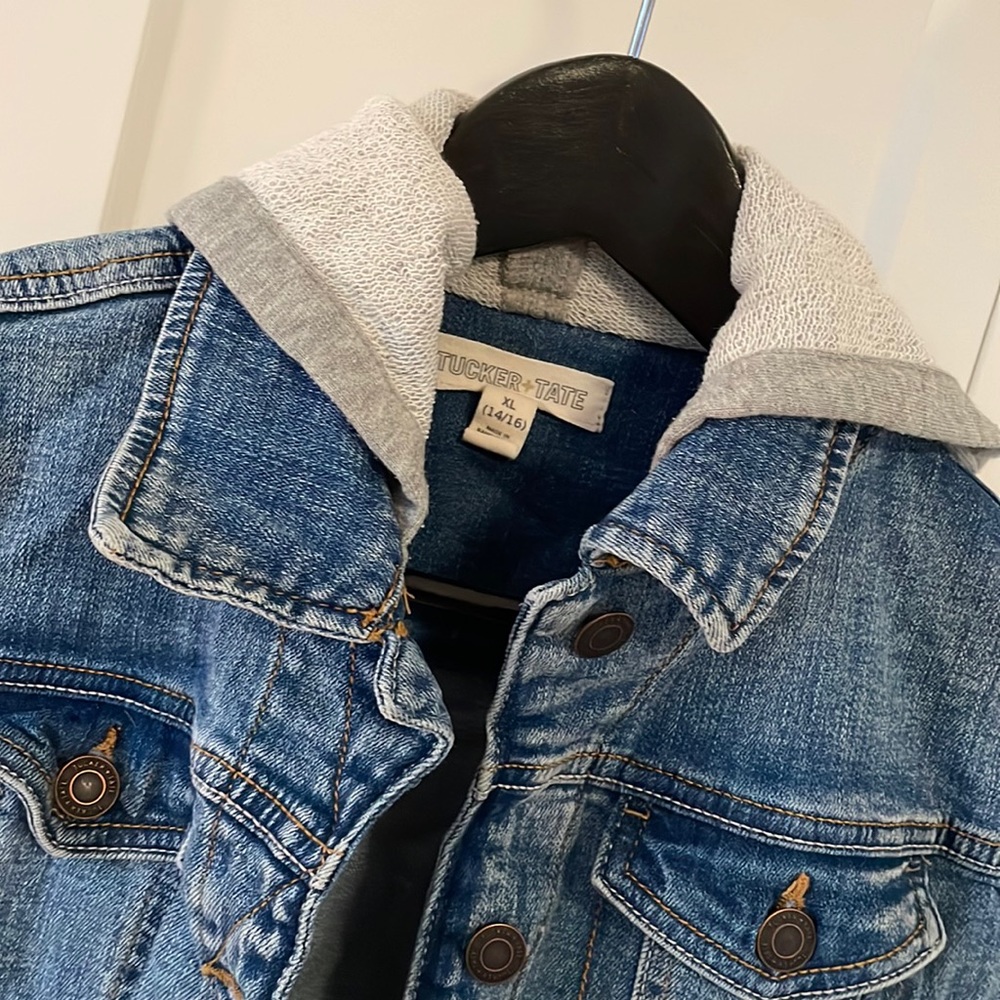 Tucker & Tate denim jacket with sweater sleeve & hood detailing.